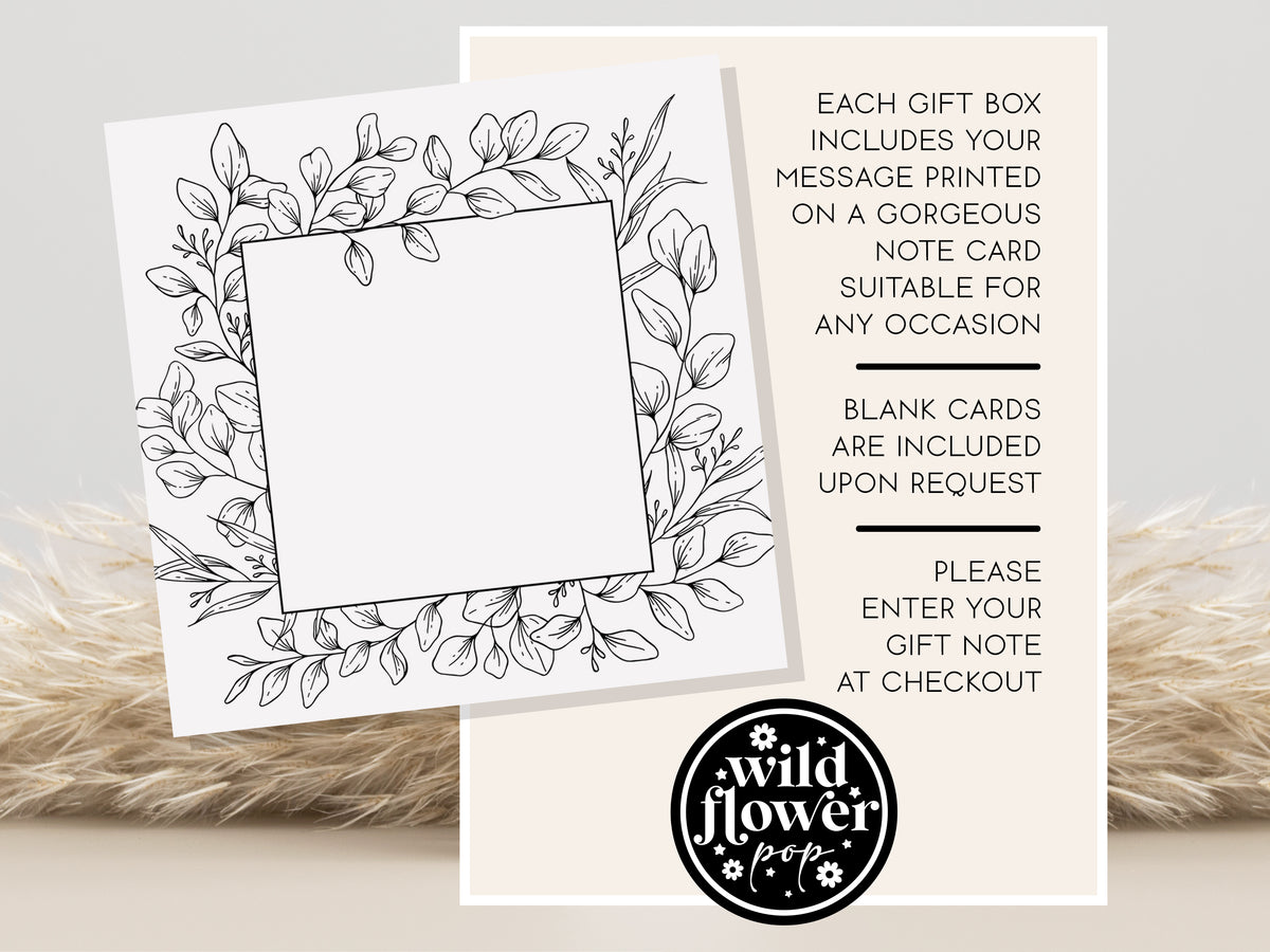 Gift note with floral design and text about customizable note cards, set against a neutral background.