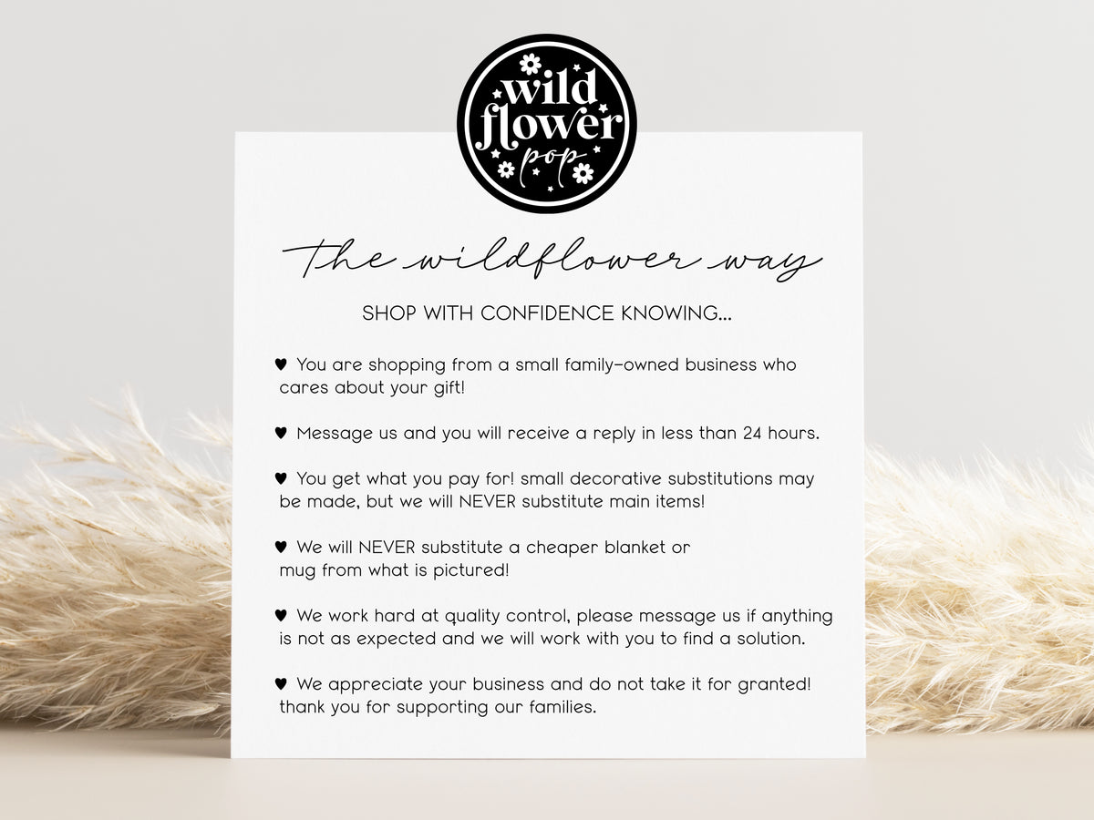 Card with Wildflower Pop branding and customer service policy on a light background