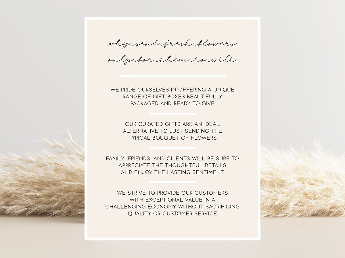 Text on a white card with pampas grass on a light gray background