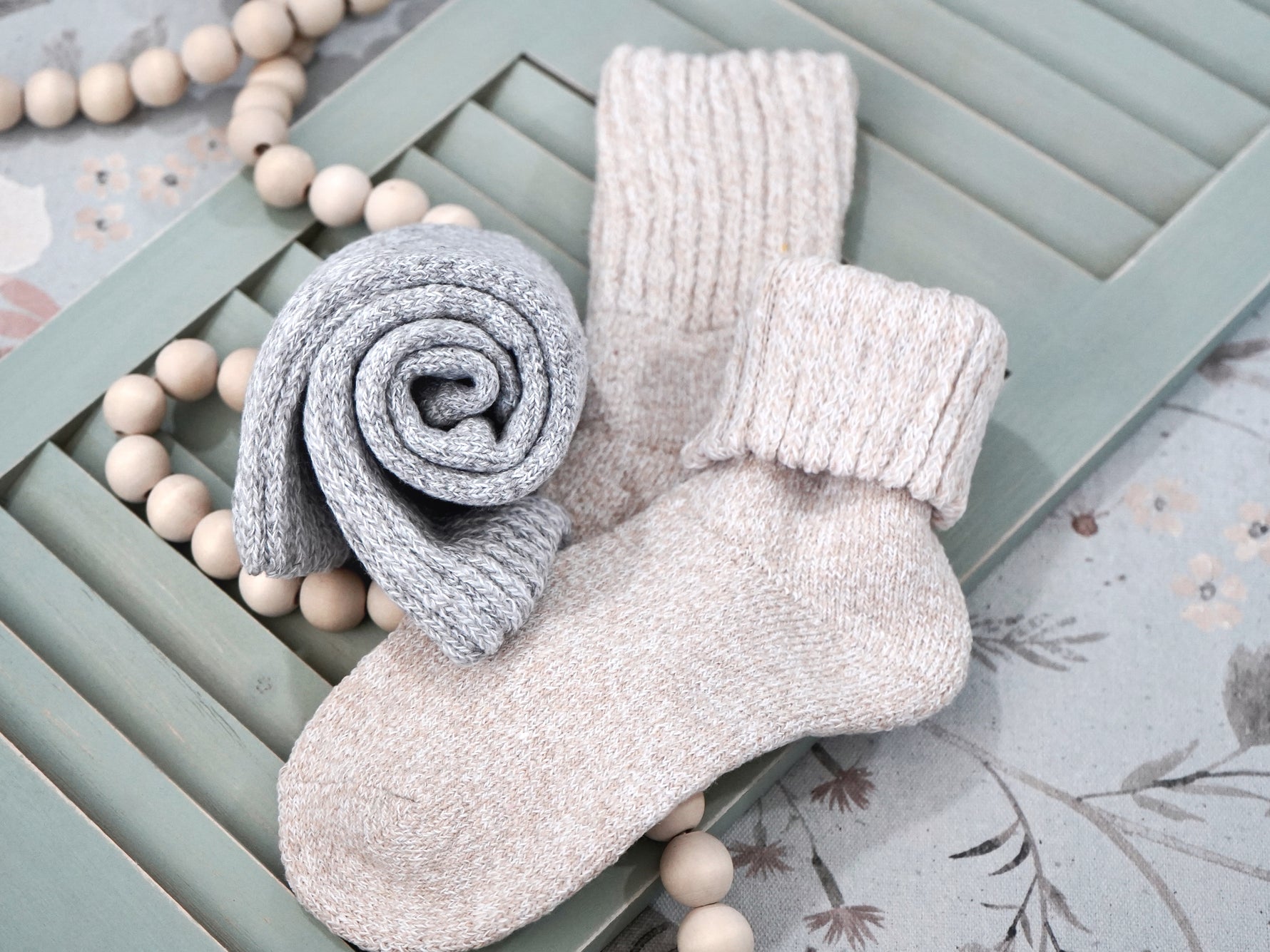Cozy Boot Socks for Women shown in Oatmeal and Grey
