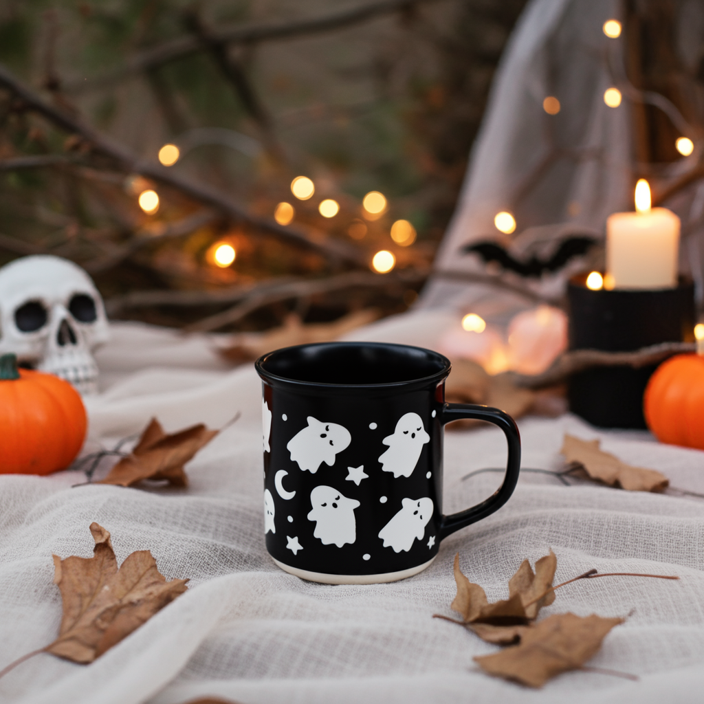 Wildflower pop Black mug with ghost design on a Halloween-themed setting with pumpkins, candles, and lights.