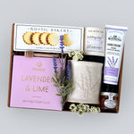 Wildflower Pop Gift box with lavender-themed products including a lavender mug, shortbread cookies, hand cream, tea, and mini honey on a gray background