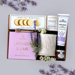 Wildflower Pop Lavender Tea Party Mug Box comes with Lavender mug, lavender and lime bath salts, vanilla shortbread cookies, tea with tae tea tube, hand cream, and mini honey and dipper