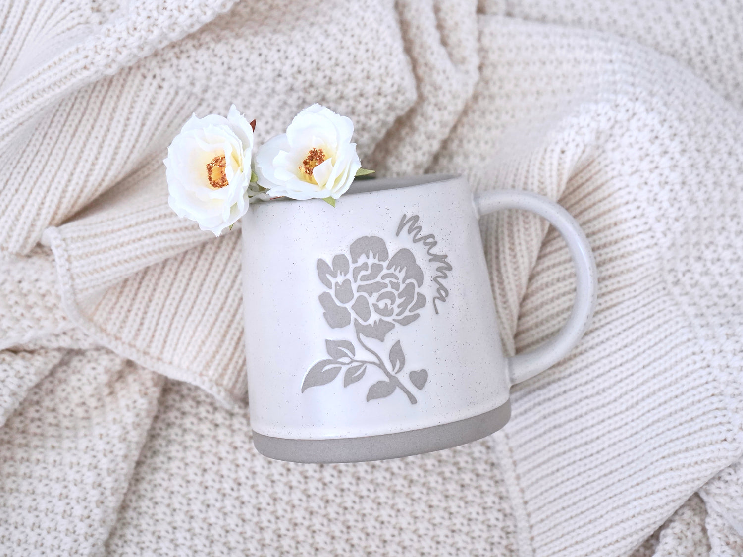 Our custom designed Mama mug with a peony and words: mama on both sides, 12oz dishwasher and microwave safe