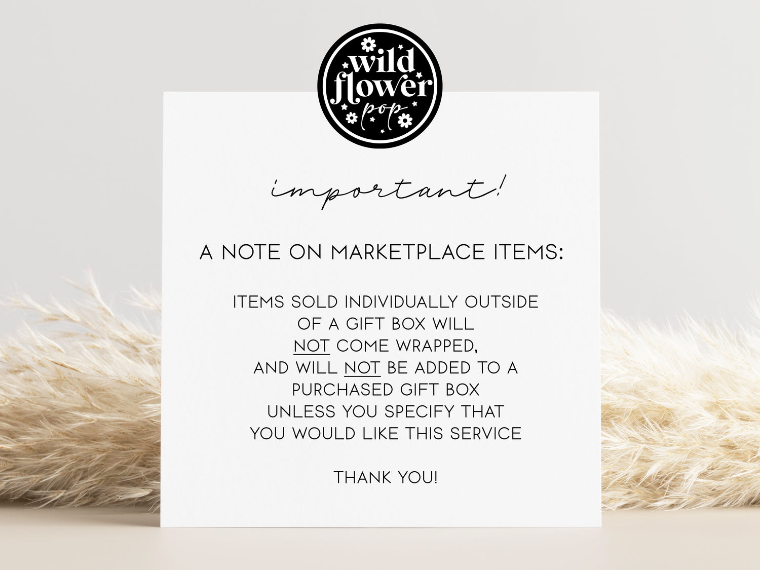 Card with Wildflower Pop branding and marketplace item buying policies on a light background