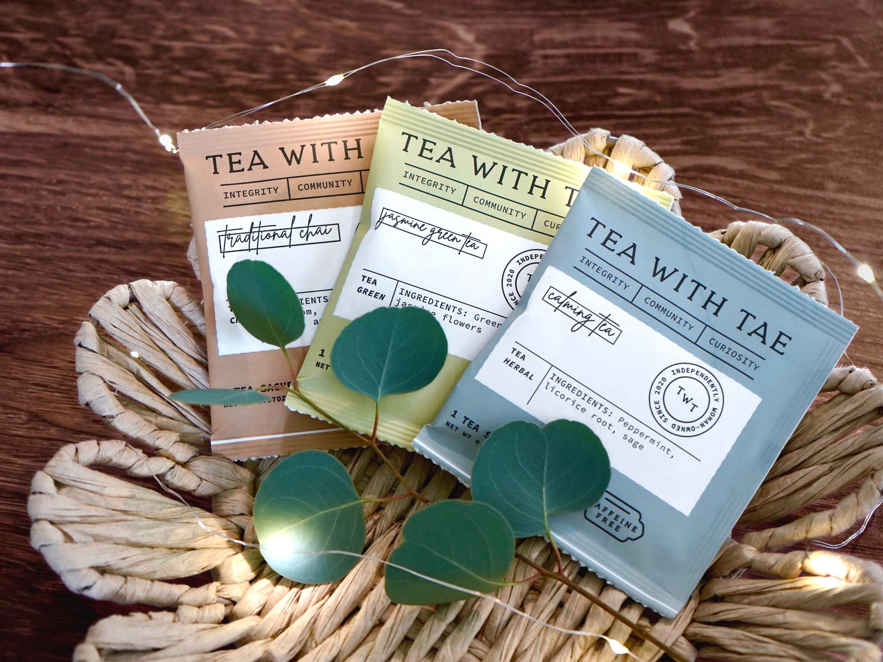 Example Tea with Tae tea sampler shown in traditional chai, jasmine green tea, and calming tea