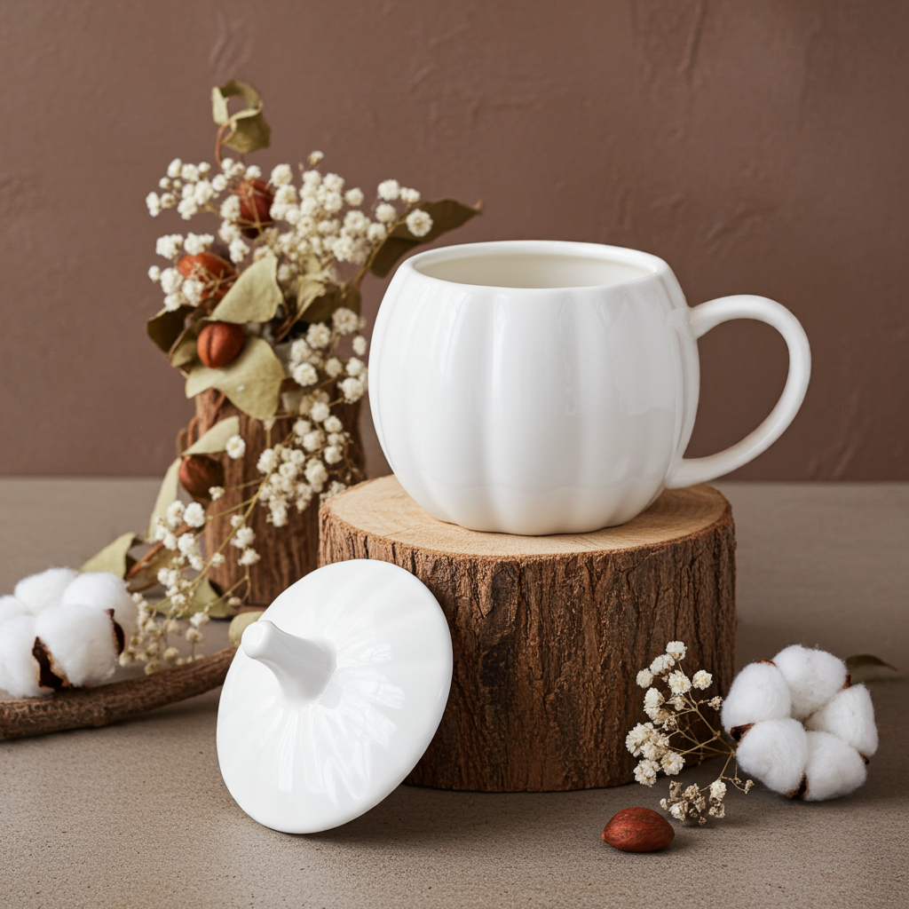 White ceramic pumpkin mug and lid on a wooden block with decorative elements on a brown background