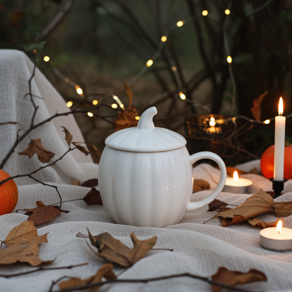 White ceramic pumpkin mug with lid on a table with autumn leaves, pumpkins, and candles in a warm setting.