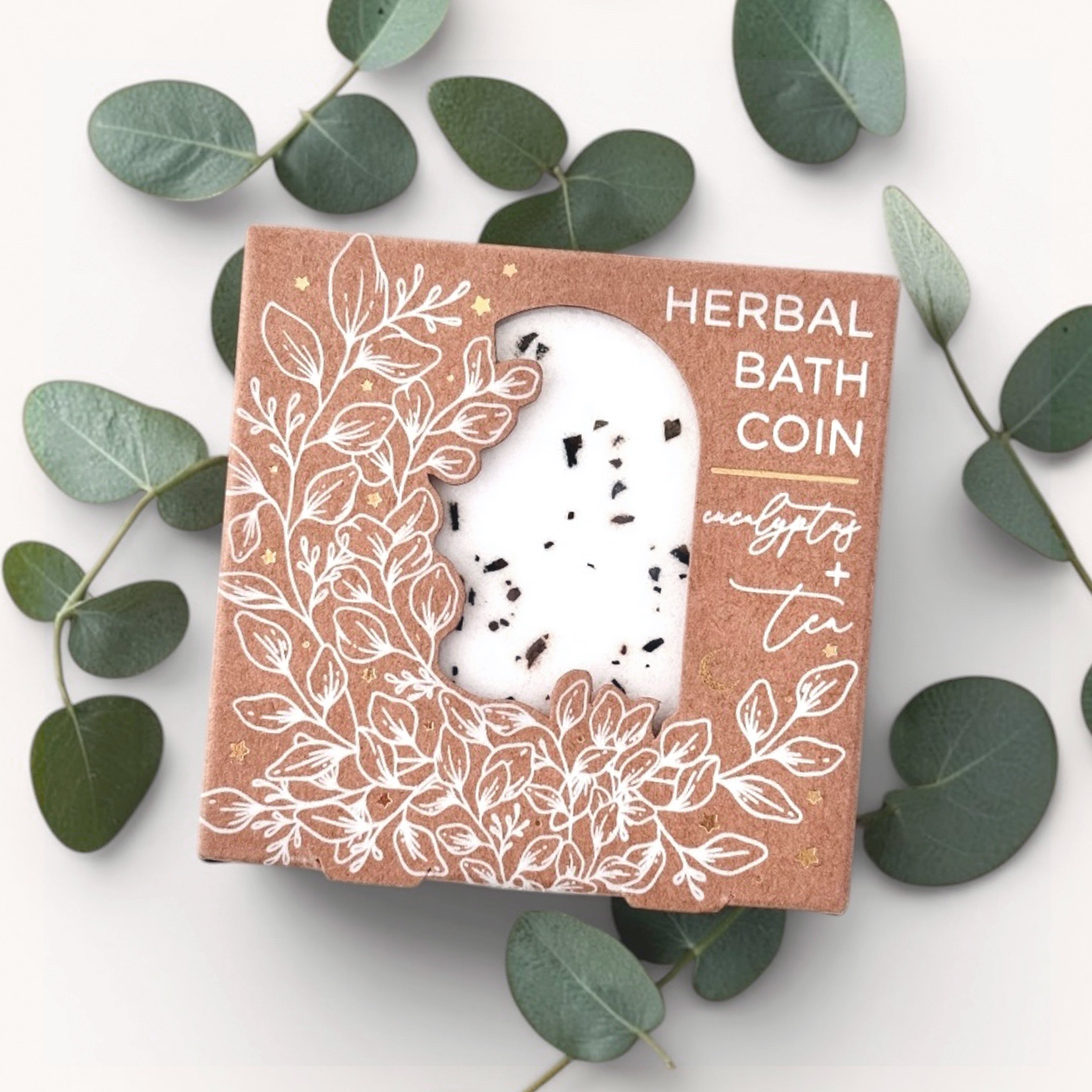 Herbal bath coin eucalyptus and tea scent on a white background with leaves