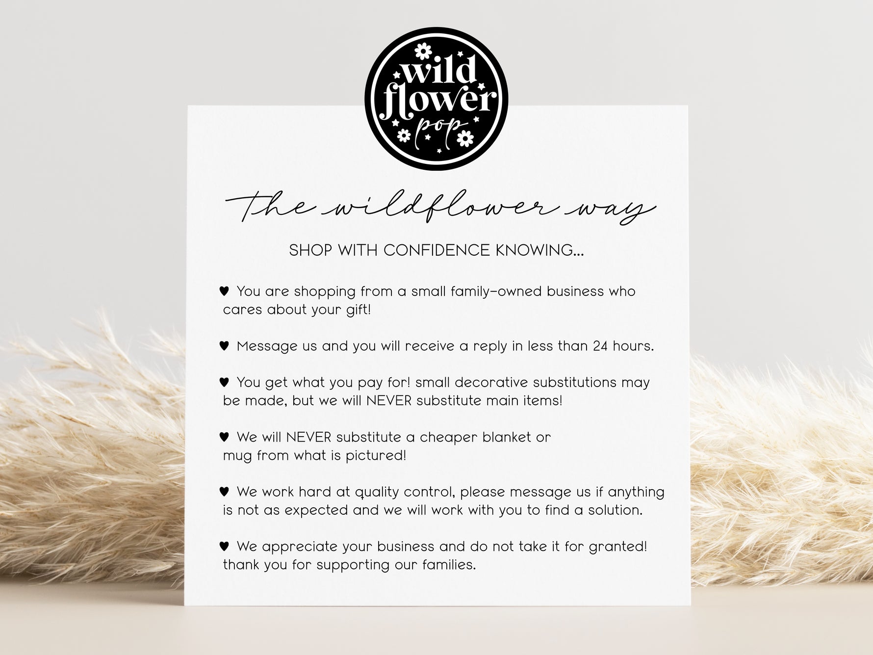 Card with Wildflower Pop branding and customer service policy on a light background