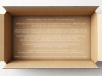 Open cardboard box with text on shipping policy on a white background