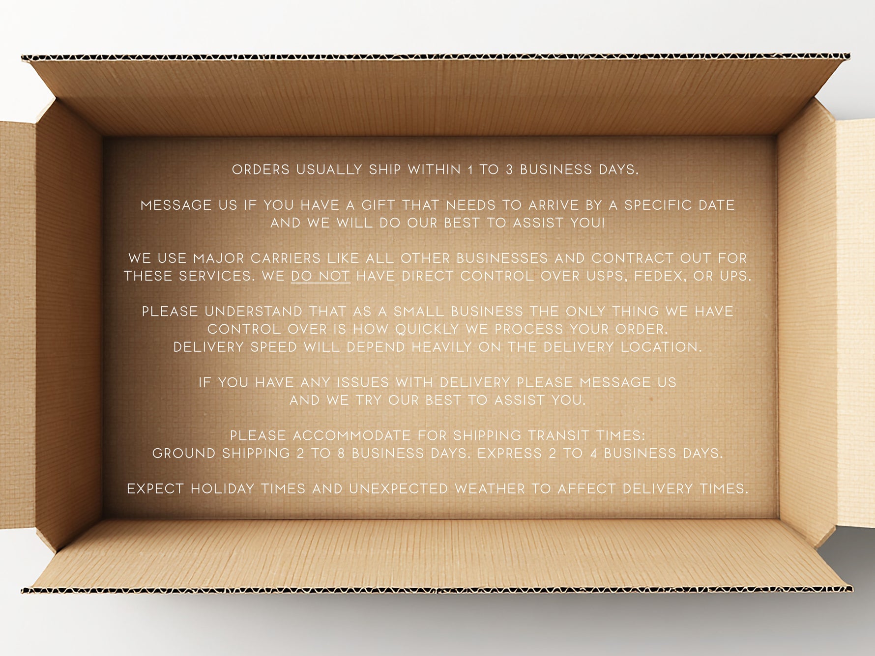 Open cardboard box with text on shipping policy on a white background