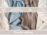 Wildflower Pop Knit Blankets Shown are the Cream Cable Knit, Cornflower Blue Lace Knit, Tan Cable Knit, and Cream Lace Knit