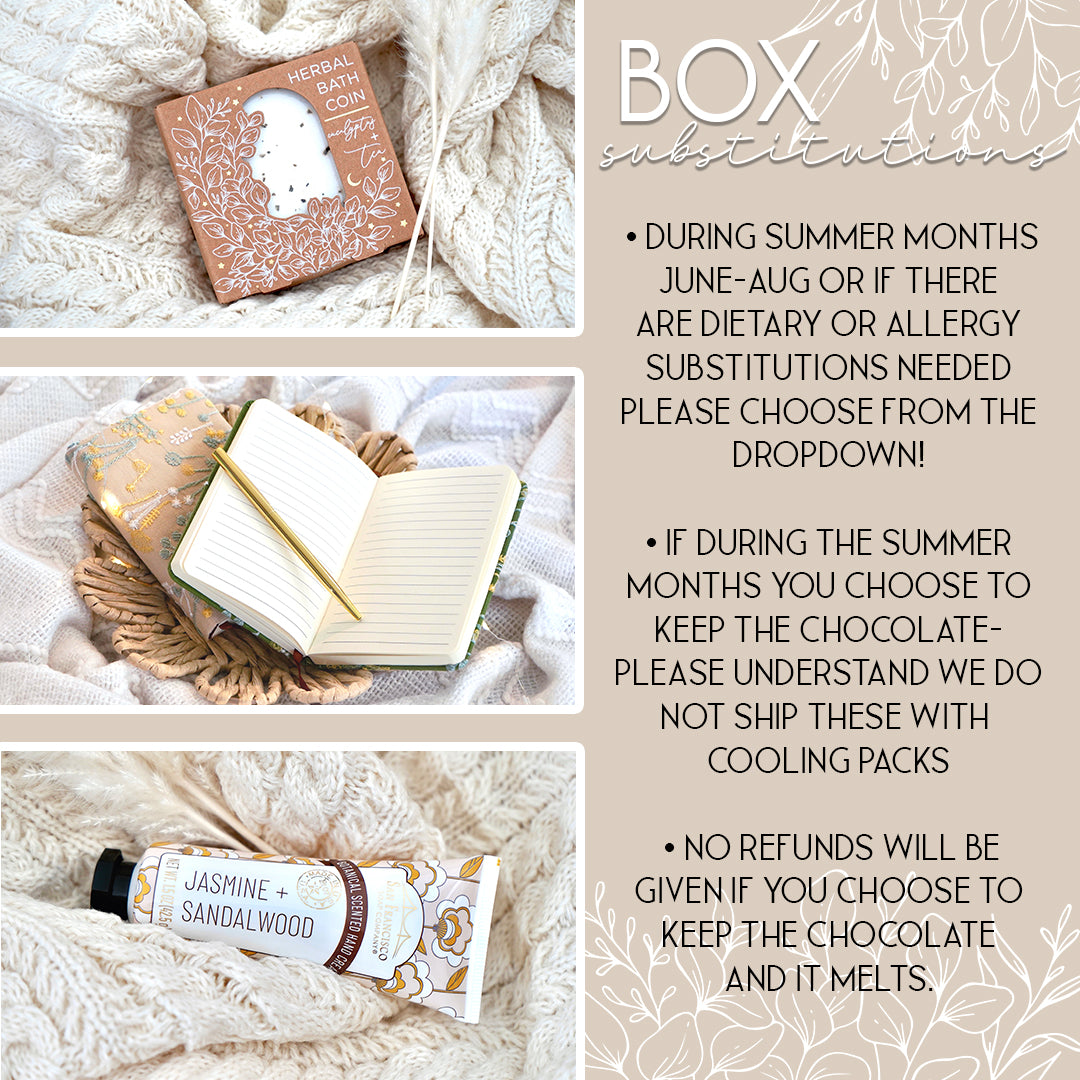 Collage of bath products with text about substitutions and shipping policies.