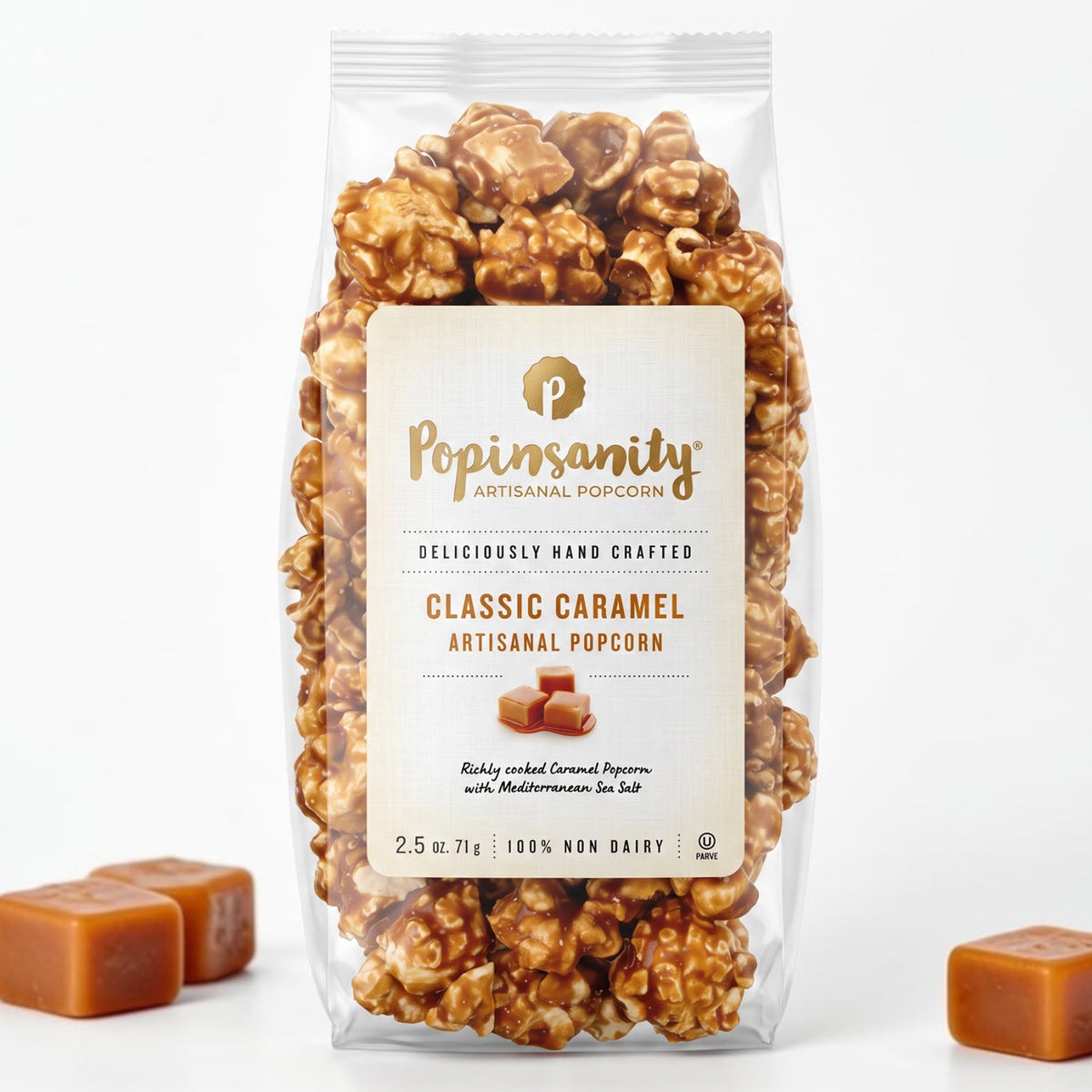 A 2.5oz bag of Popinsanity Artisanal Popcorn, Classic Caramel flavor, pictured on a white background.