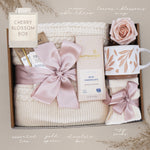 Cherry Blossom cozy blanket gift set for her with cable knit blanket and spa treats