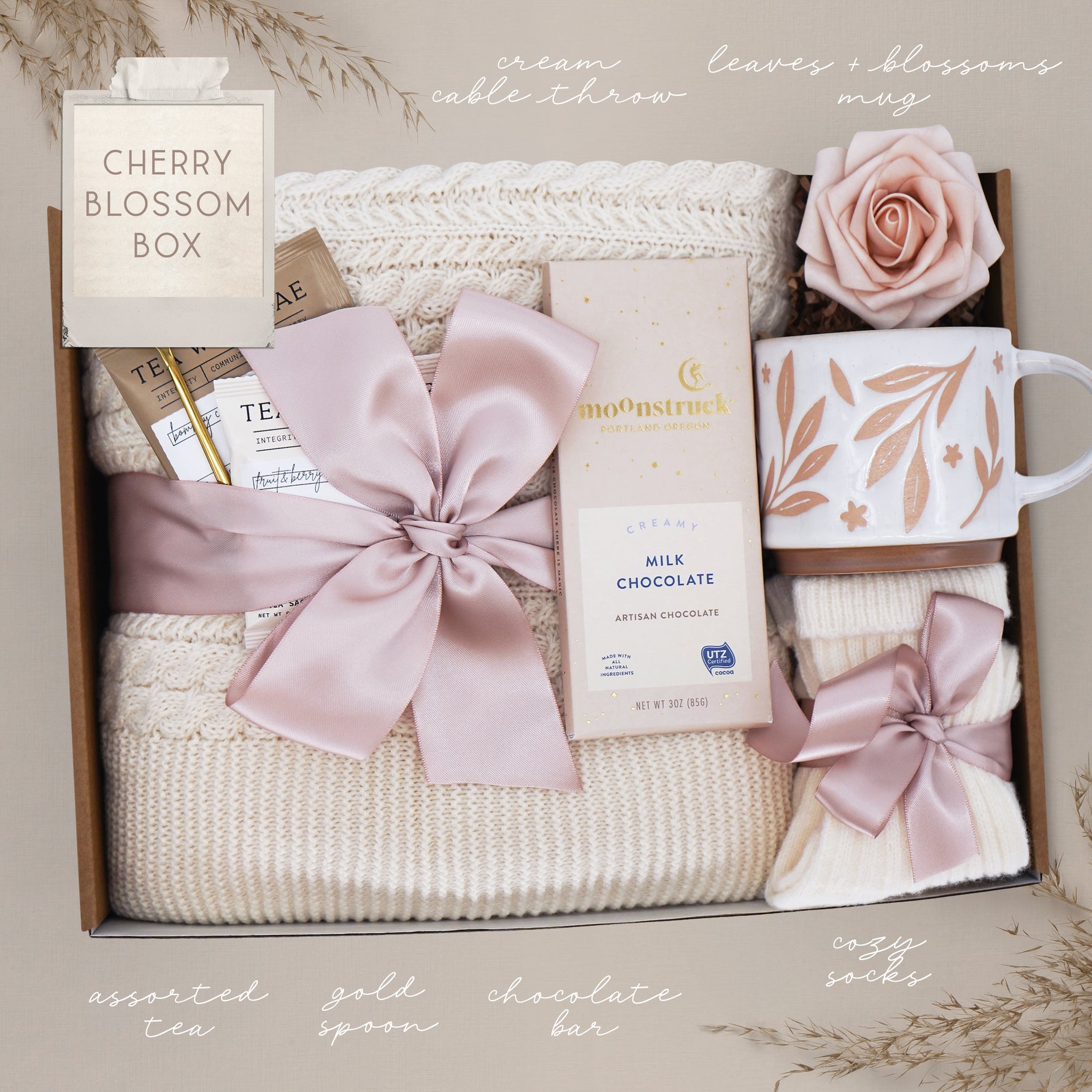 Cherry Blossom cozy blanket gift set for her with cable knit blanket and spa treats