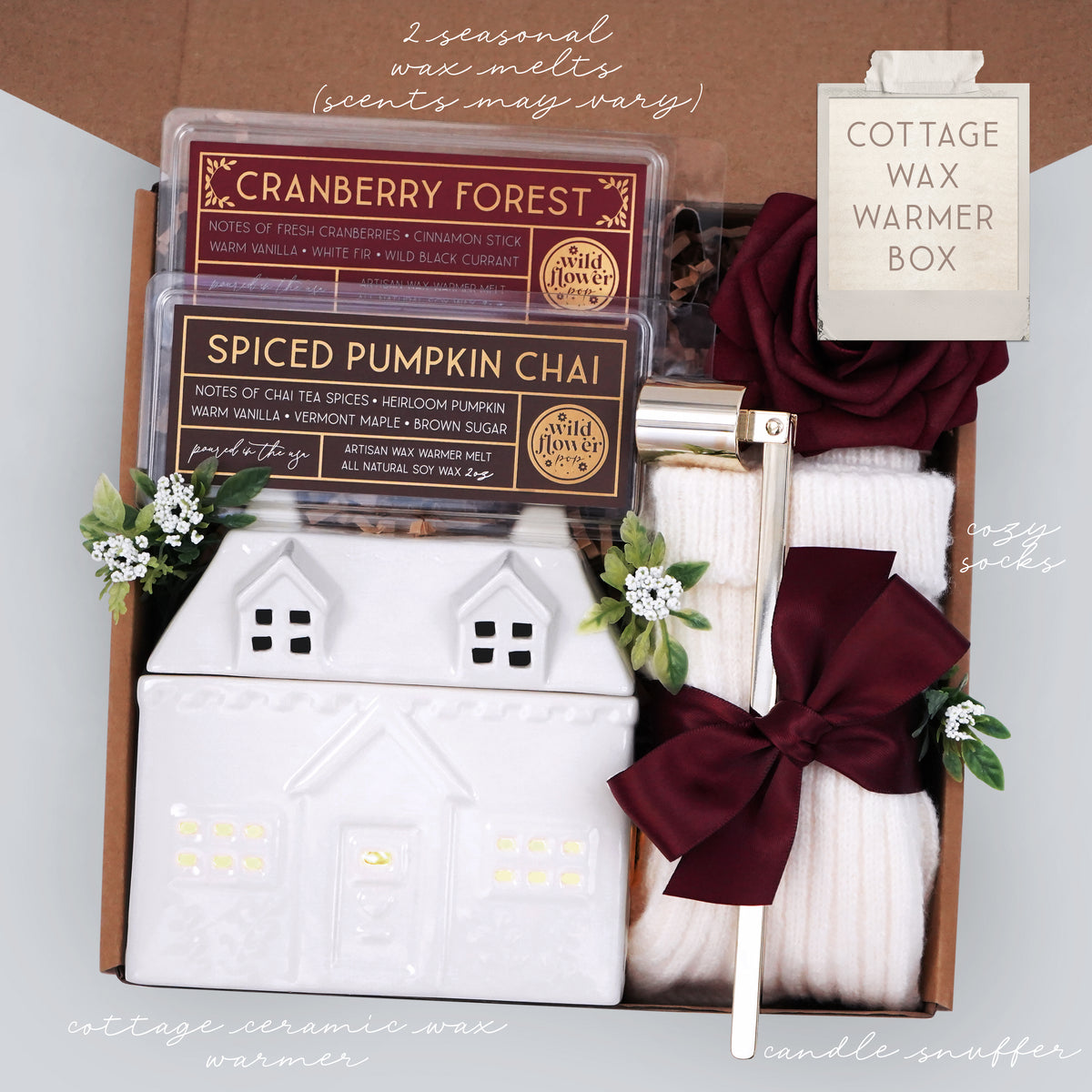 Wildflower Pop exclusive cottage wax warmer, 2 made in the USA 100% soy wax melts, gold candle snuffer, tea light, cream knit socks, with a burgundy faux rose. Packaged and ready to gift.