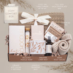 Cozy Comfort blanket gift box by Wildflower Pop with cable knit blanket, mug, cocoa, socks, linen mist, tea and chocolate