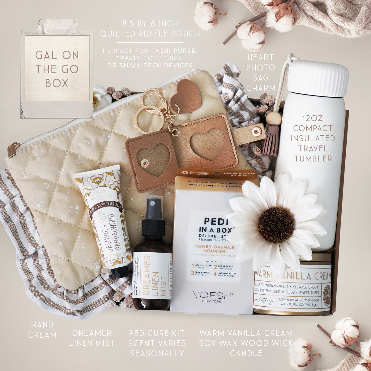 Wildflower Pop Gal on the Go Mug gift box with tumbler, quilted travel pouch, candle, pedicure set, linen mist, hand cream, heart photo bag charm. All ready to gift