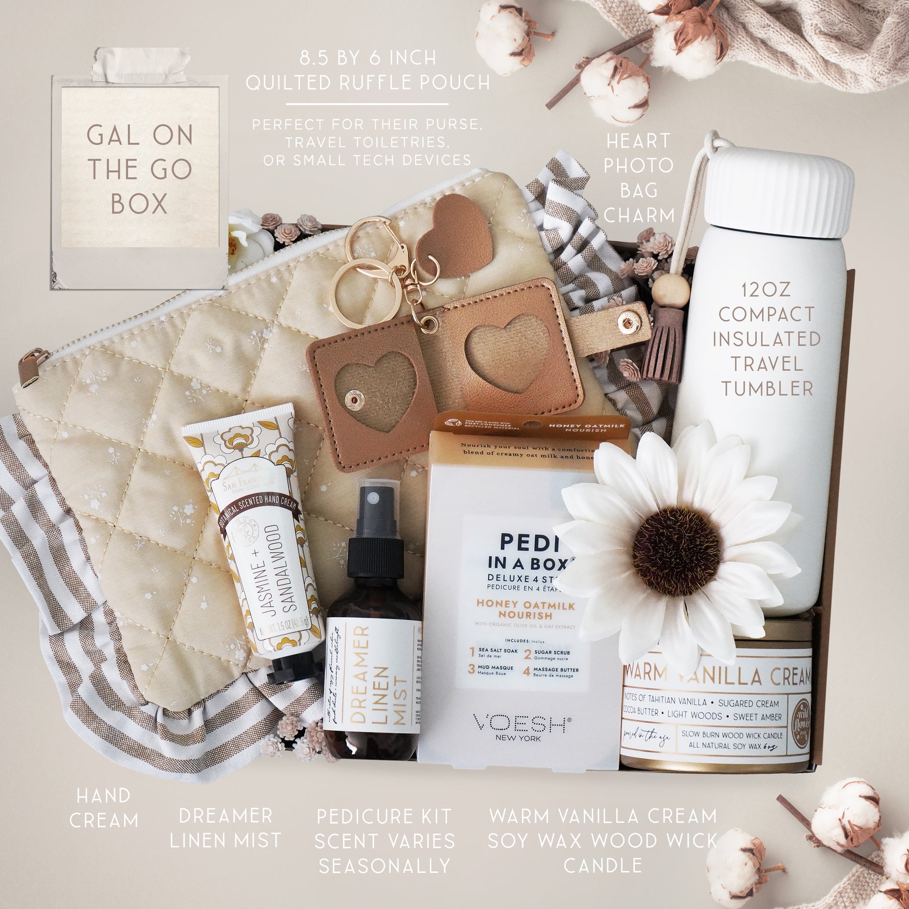 Wildflower Pop Gal on the Go Mug gift box with tumbler, quilted travel pouch, candle, pedicure set, linen mist, hand cream, heart photo bag charm. All ready to gift
