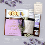 Lavender-themed gift set with various products on a gray background