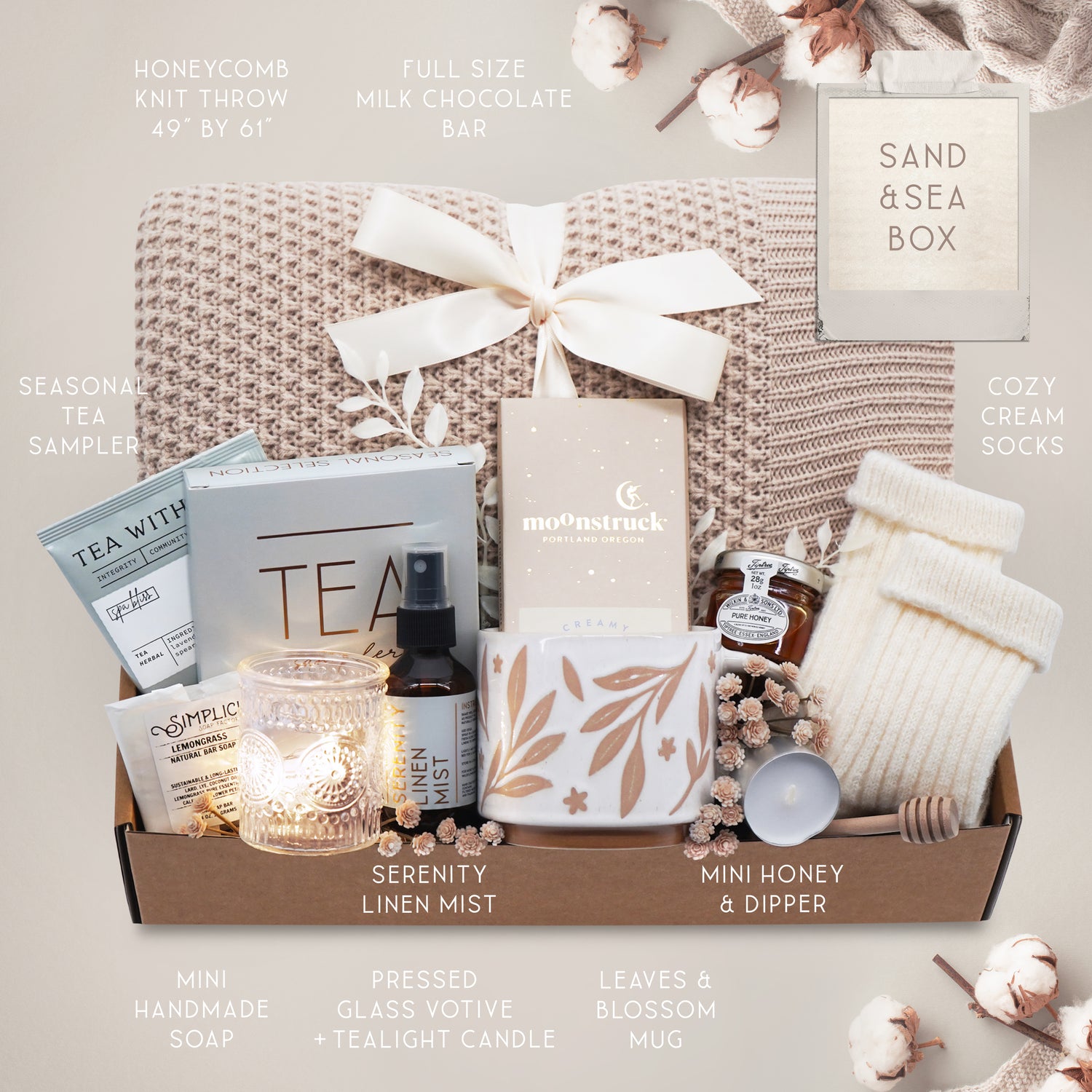 Sand and Sea cozy blanket gift box with honeycomb knit throw, tea, mug and chocolate