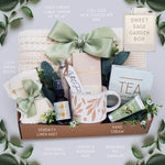 Sweet Sage Garden blanket gift box with cable knit throw, bath salts, tea and chocolate