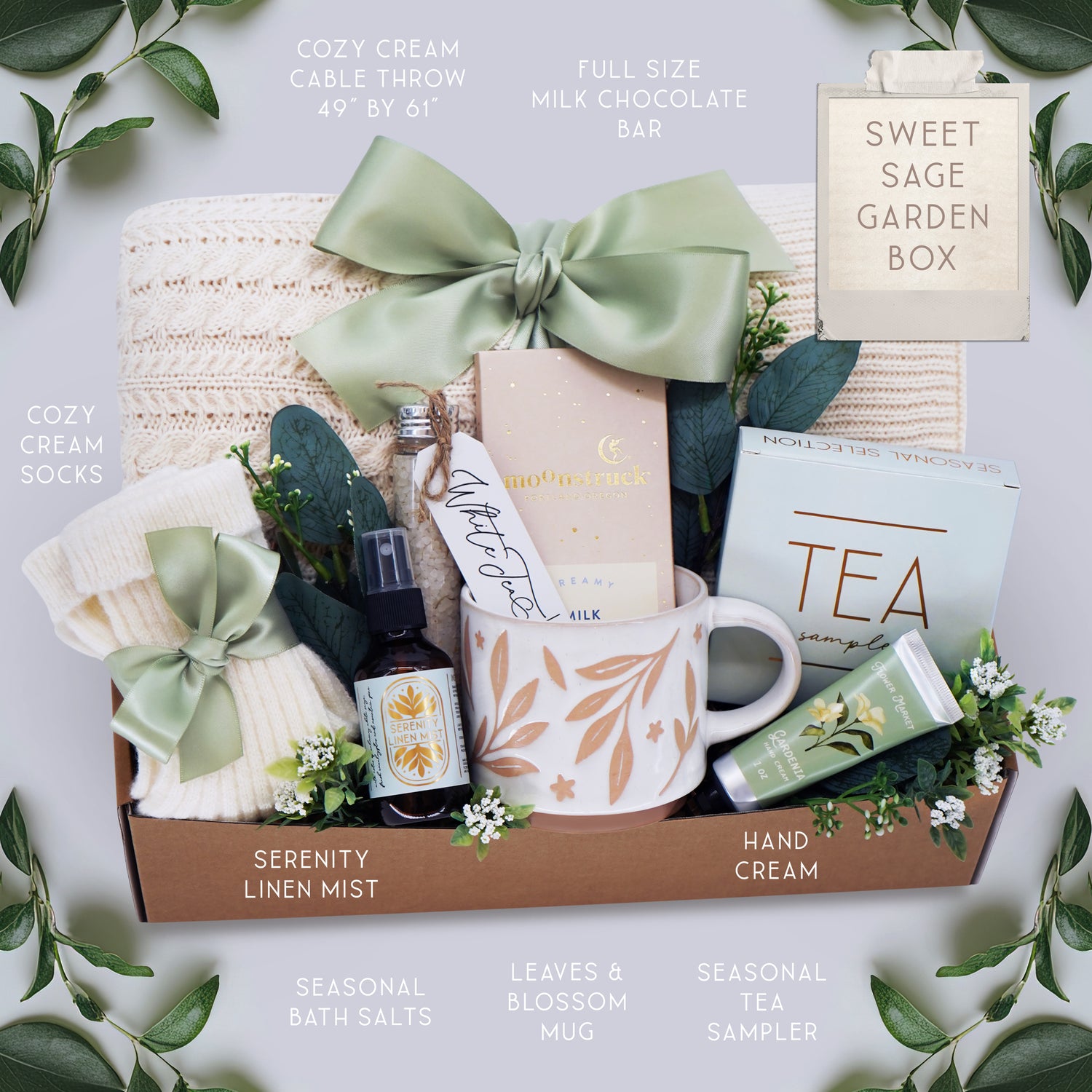 Sweet Sage Garden blanket gift box with cable knit throw, bath salts, tea and chocolate