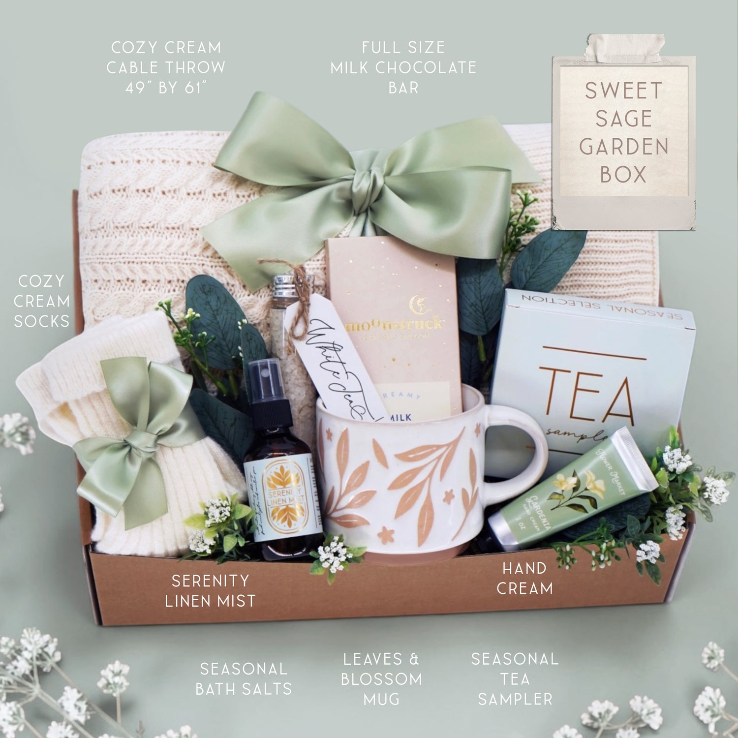 Sweet Sage Garden blanket gift box with cable knit throw, bath salts, tea and chocolate