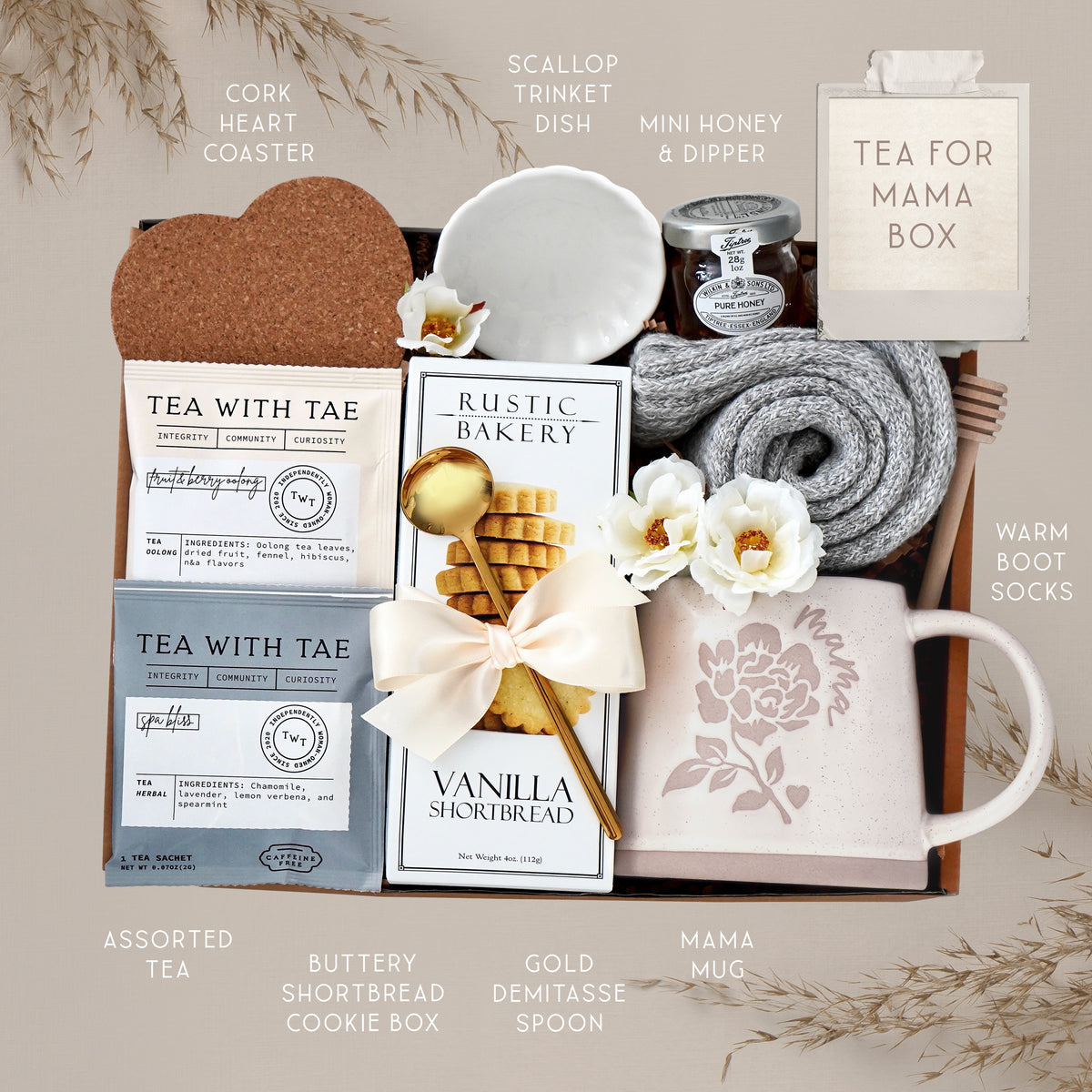 Tea for Mama by Wildflower Pop Mug Box comes with ceramic Mama mug, cookies, tea, heart coaster, mini honey and dipper, scallop trinket dish, cozy grey boot socks