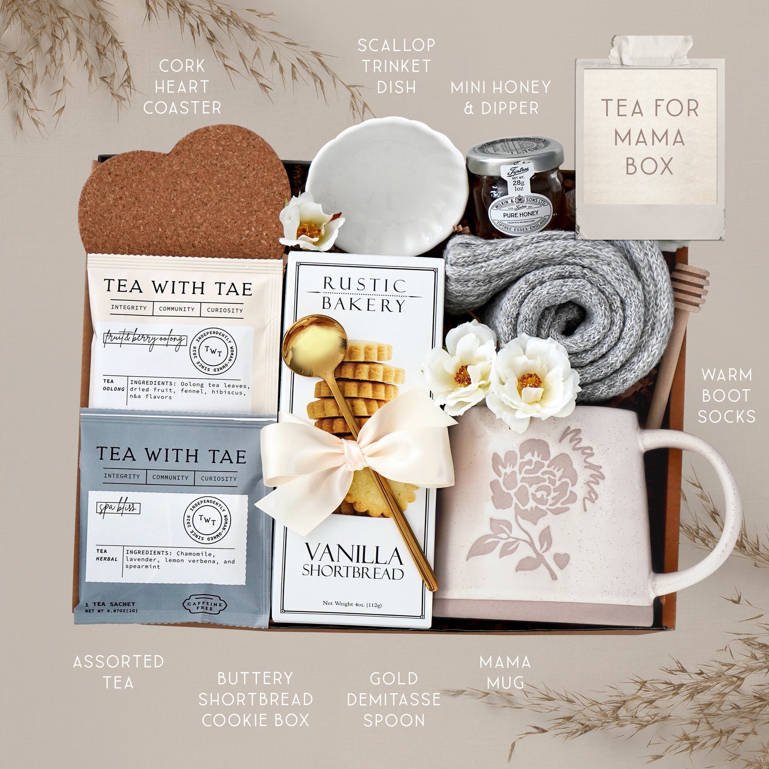 Tea for Mama by Wildflower Pop Mug Box comes with ceramic Mama mug, cookies, tea, heart coaster, mini honey and dipper, scallop trinket dish, cozy grey boot socks