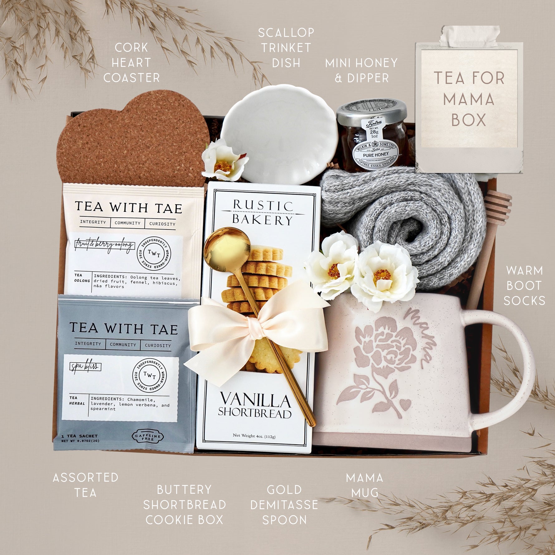 Tea for Mama by Wildflower Pop Mug Box comes with ceramic Mama mug, cookies, tea, heart coaster, mini honey and dipper, scallop trinket dish, cozy grey boot socks