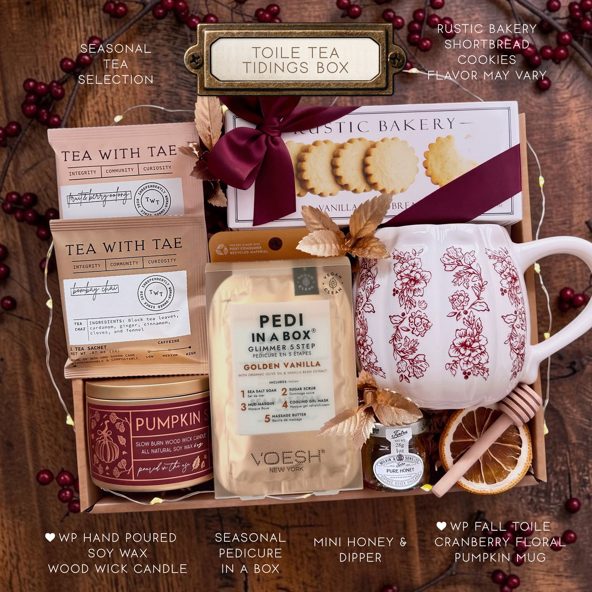 Toile Tea Tidings Gift Box | Fall Cranberry Floral Pumpkin Mug & Self Care