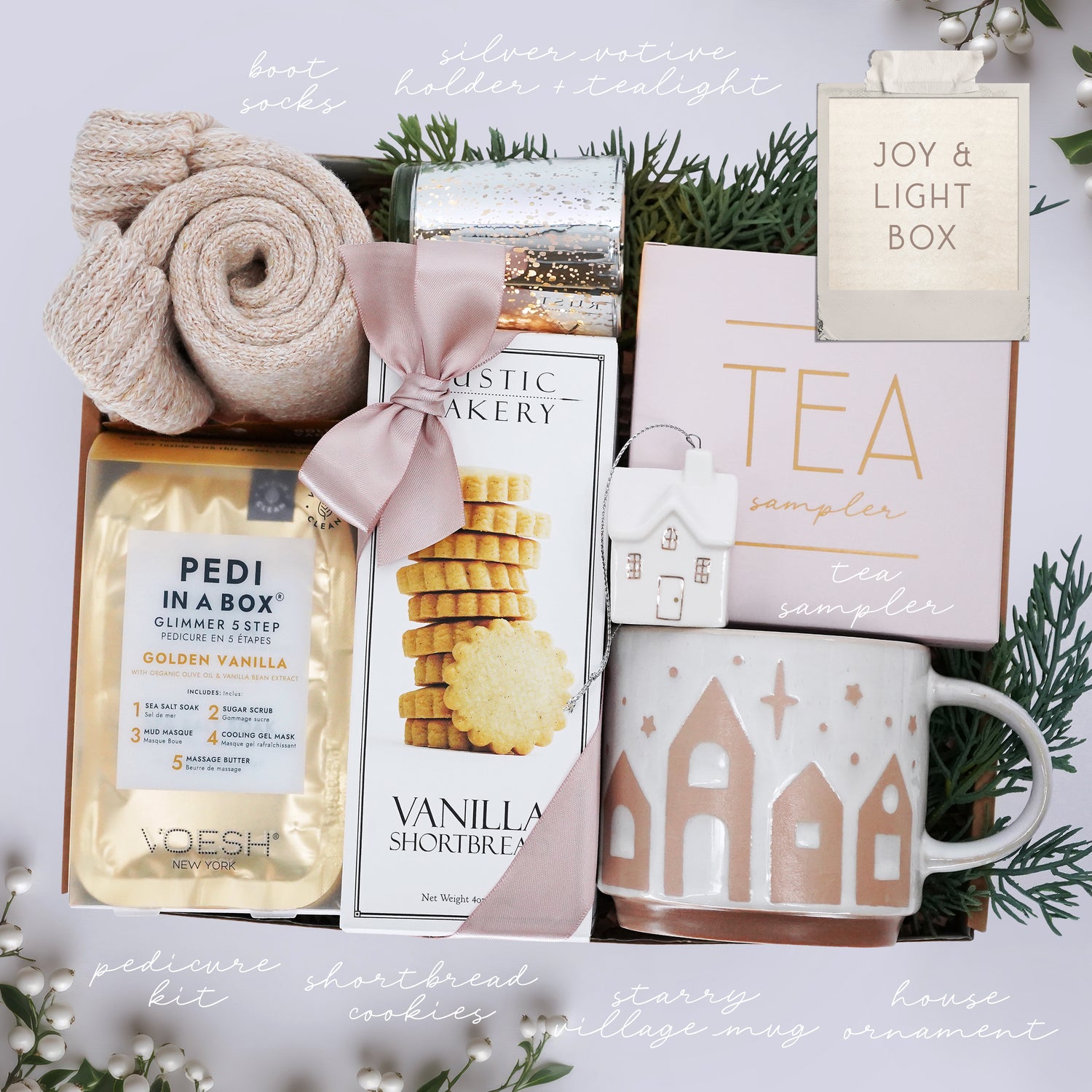 Wildflower Pop Holiday Gift set with tea, mug, and bath products on a white background