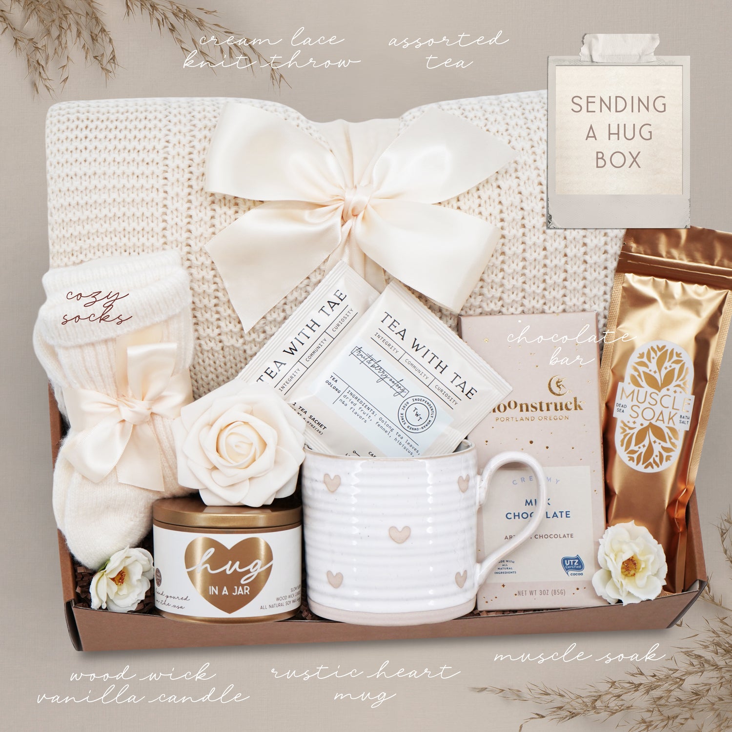 Wildflower Pop Gift box with tea, mug, and other items labeled 'Sending a Hug Box'.