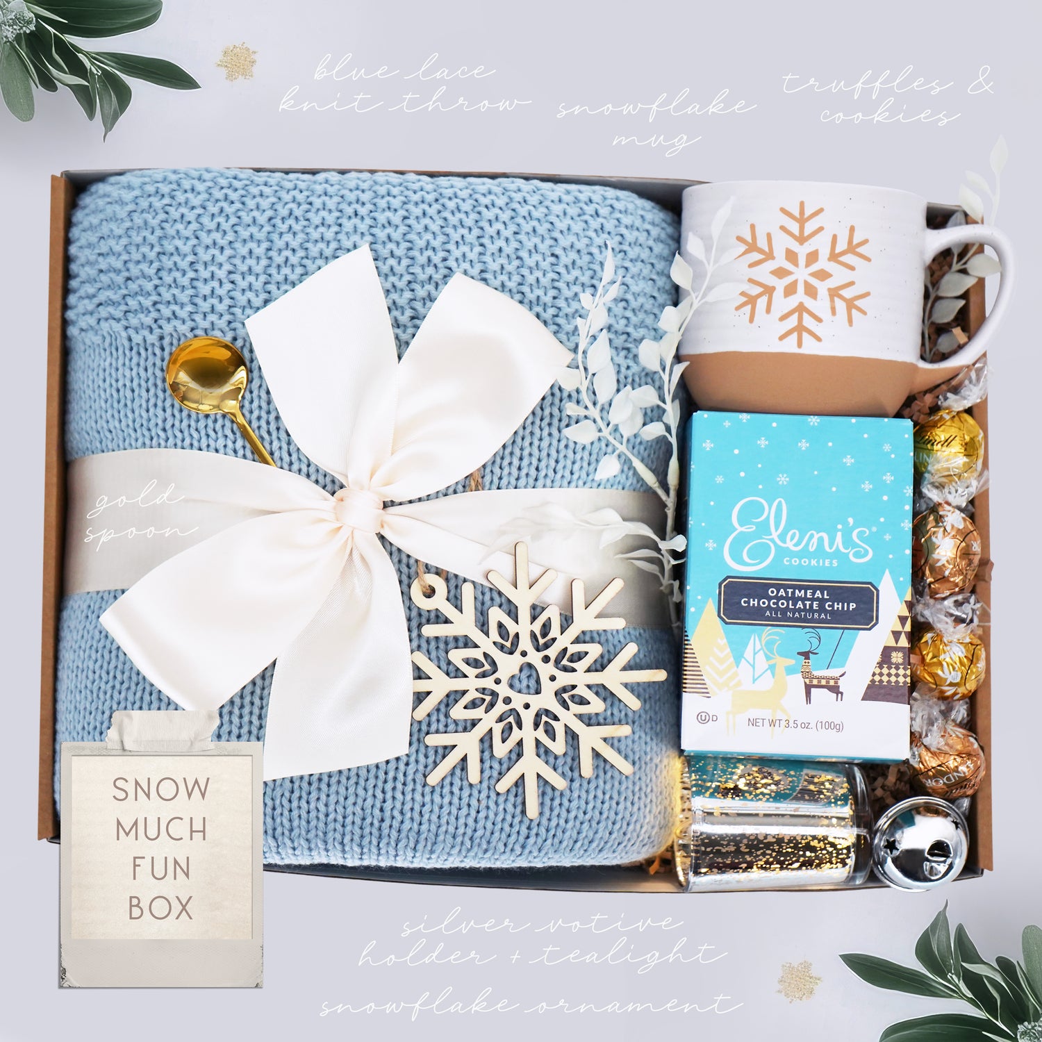 Wildflower Pop Snow Much Fun Gift set with blue blanket, mug, and snacks in a box
