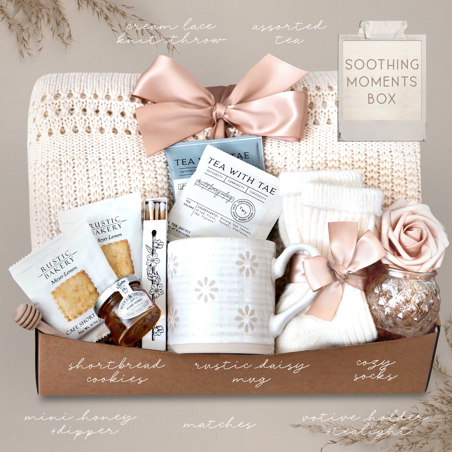 Wildflower Pop Soothing Moments gift box with a cream lace knit blanket, cream knit socks, votive and tea light, matches, mini honey and dipper, a shortbread cookies 