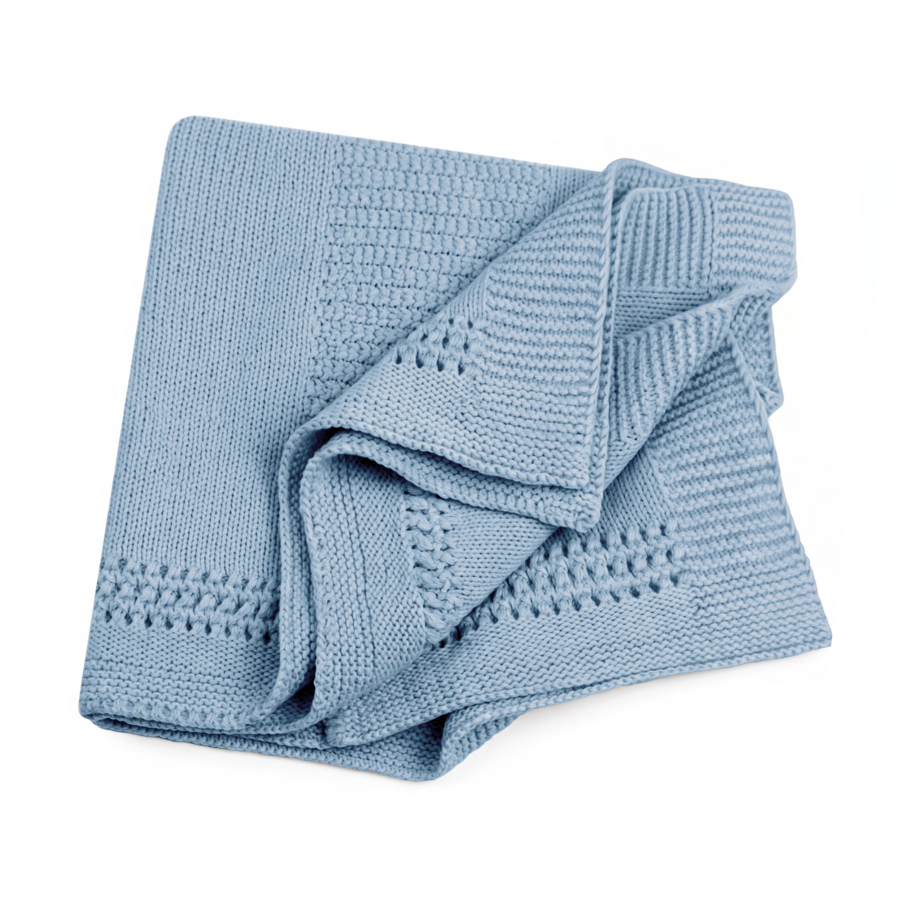 A folded cornflower blue-colored lace knit blanket with textured patterns, shown on a solid white background.