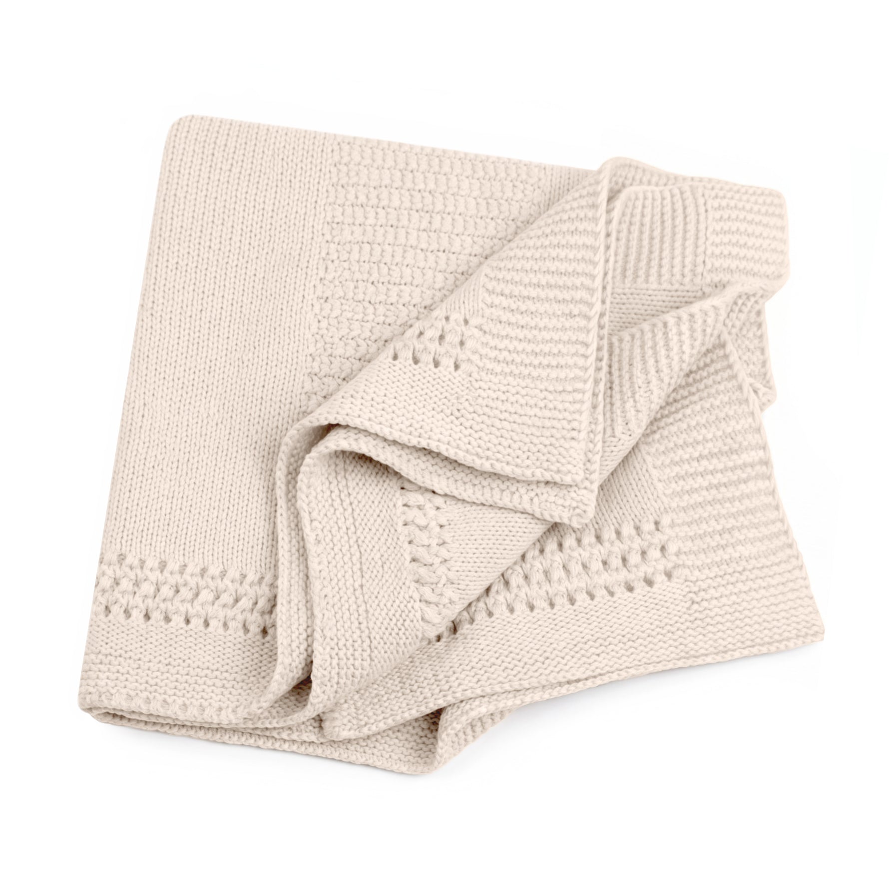 A folded cream-colored lace knit blanket with textured patterns, shown on a solid white background.