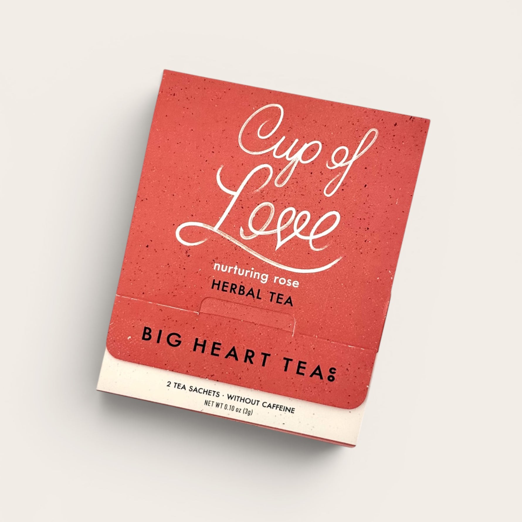 'Cup of Love' herbal tea from Big Heart Teas on a light gray background