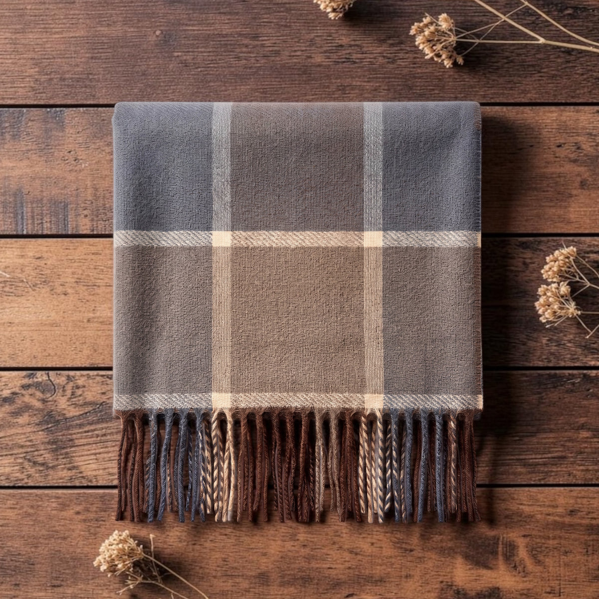 A folded plaid scarf with fringe, laid flat on a rustic dark wood background with dried flowers around it. The scarf  features a color-blocked plaid pattern in shades of gray, taupe, and cream, with fringe.