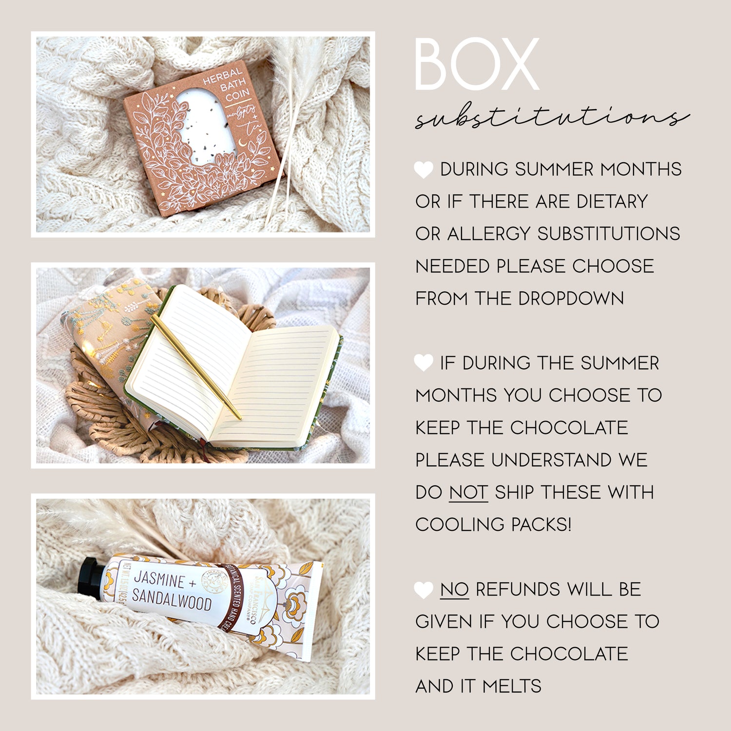 Collage of bath products with text about substitutions and shipping policies