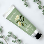 Gardenia Flower Market hand cream with floral design on a light background 