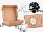 Sending Hugs Gift Box Packaging is a Cardboard Gift Box with Wildflowers and Wildflower Pop Logo in white ink on the front. Your gift also comes with an optional gift note. 