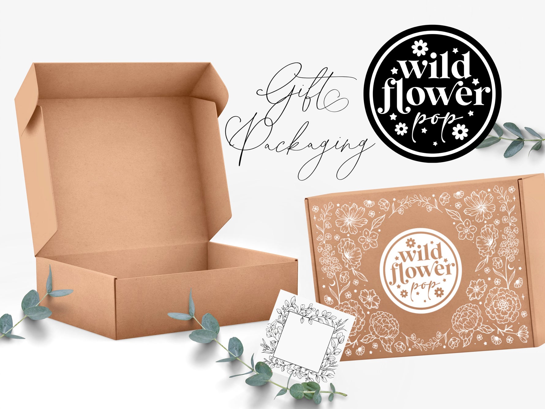 Sending Hugs Gift Box Packaging is a Cardboard Gift Box with Wildflowers and Wildflower Pop Logo in white ink on the front. Your gift also comes with an optional gift note. 