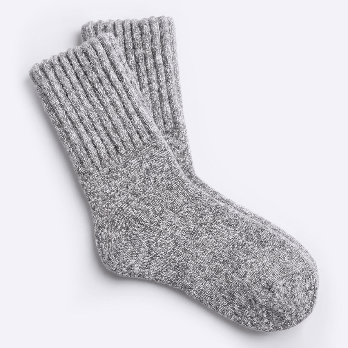 A pair of heather gray cozy boot socks shown on a clean, light gray background.