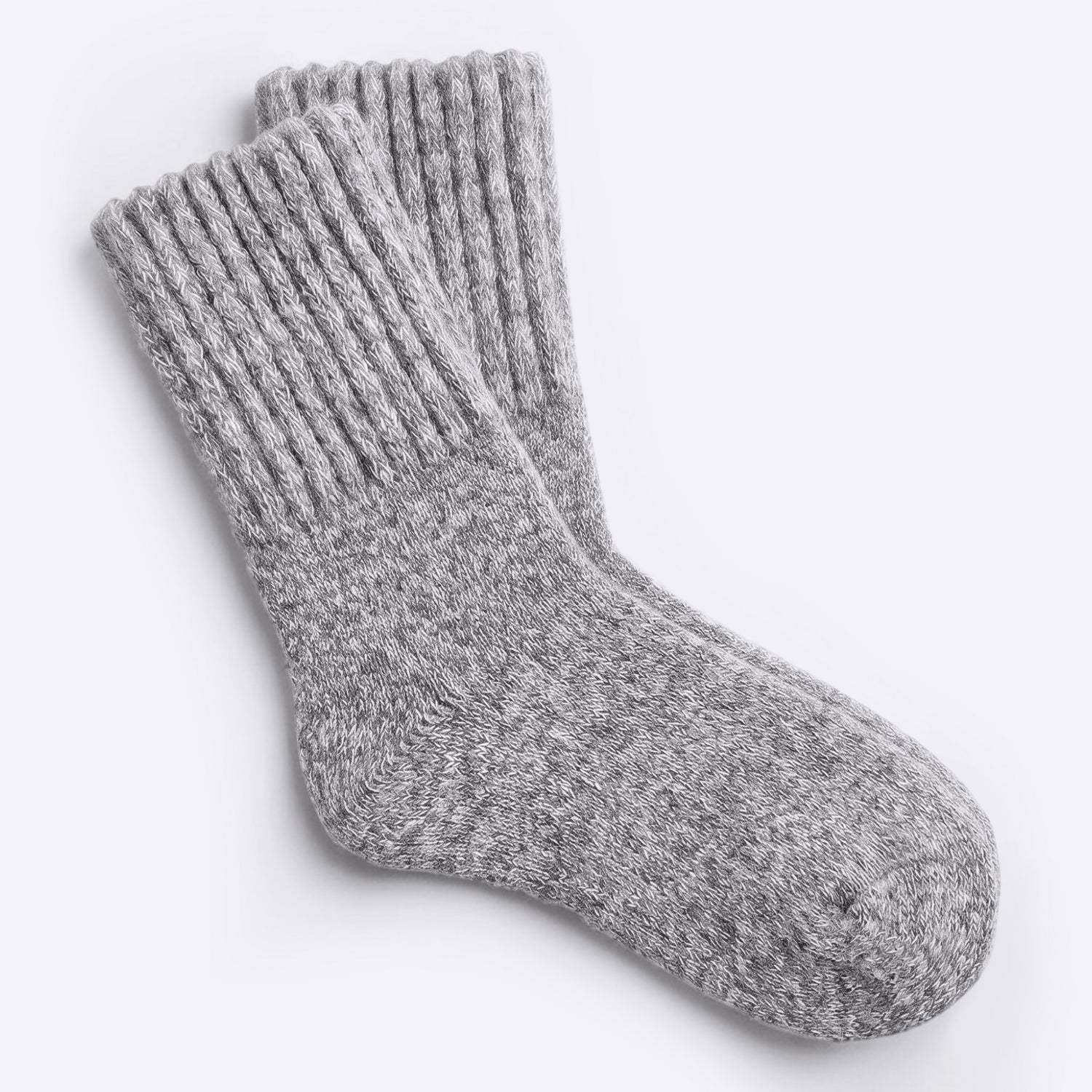 A pair of heather gray cozy boot socks shown on a clean, light gray background.