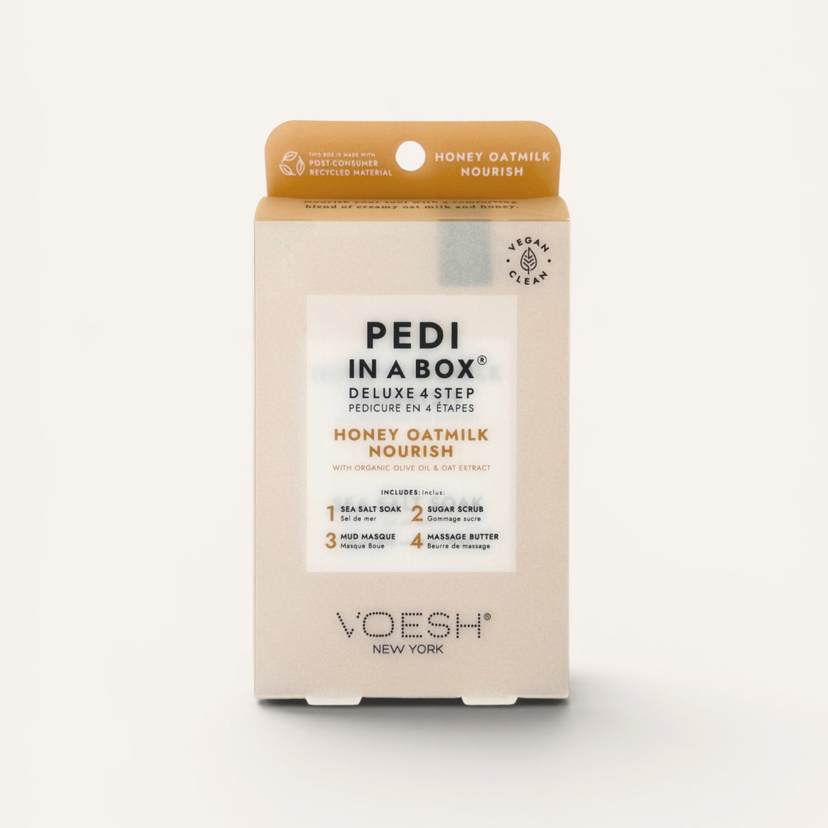 VOESH Pedi in a Box Honey Oatmilk Nourish kit on a white background