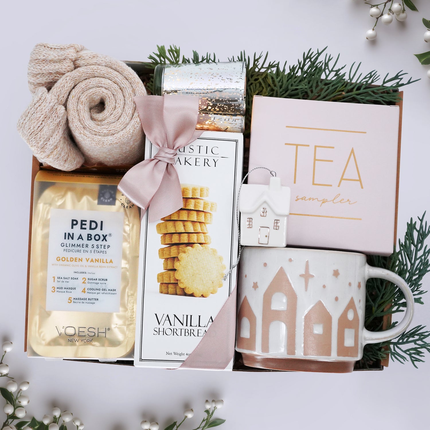 Wildflower Pop Holiday Gift set with tea, mug, and bath products on a white background